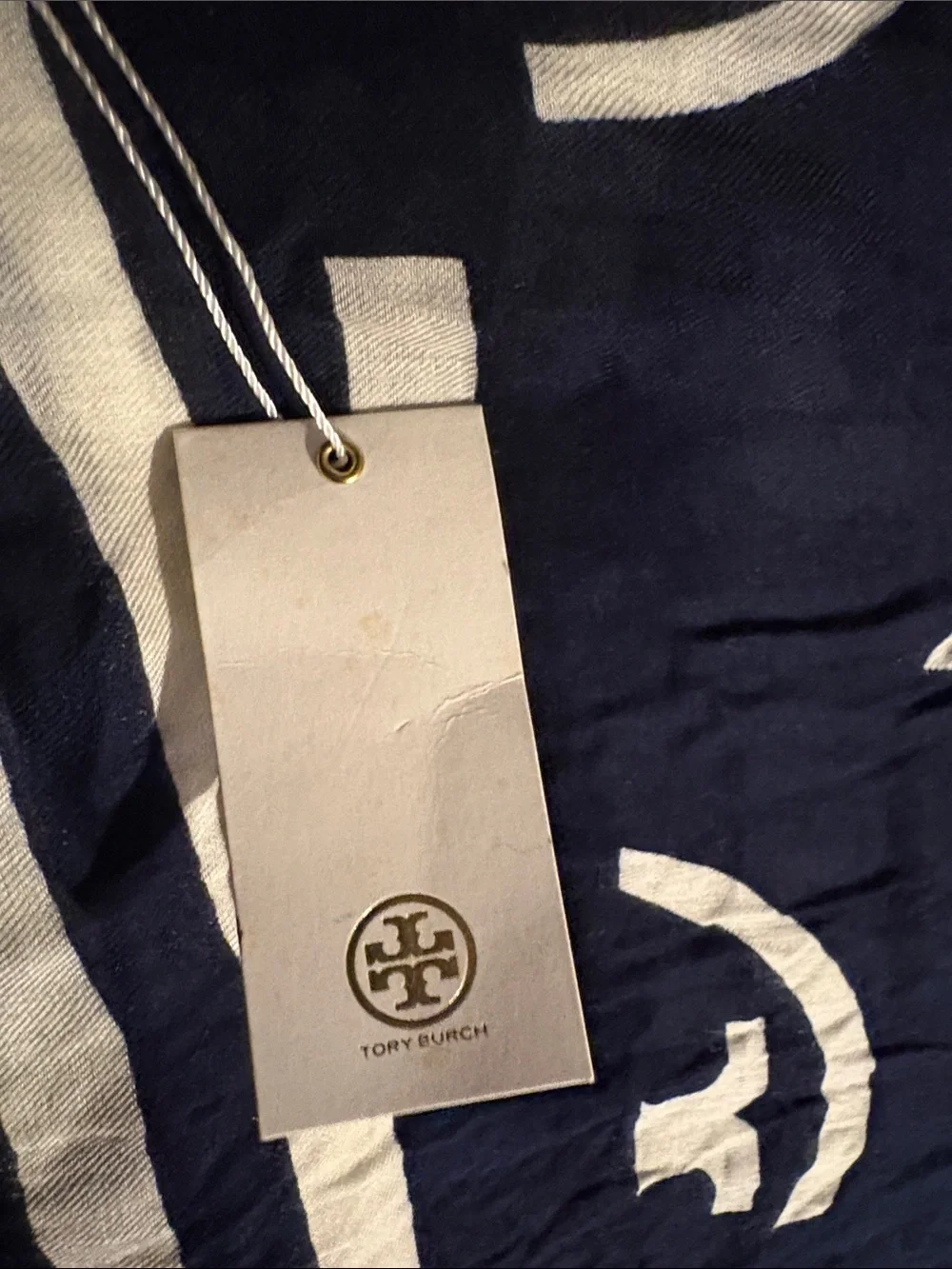 Tory Burch Navy and White Logo-Print Lightweight Scarf